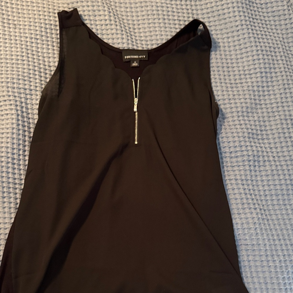 Fortune + Ivy Black Scalloped Zip-Front Camisole